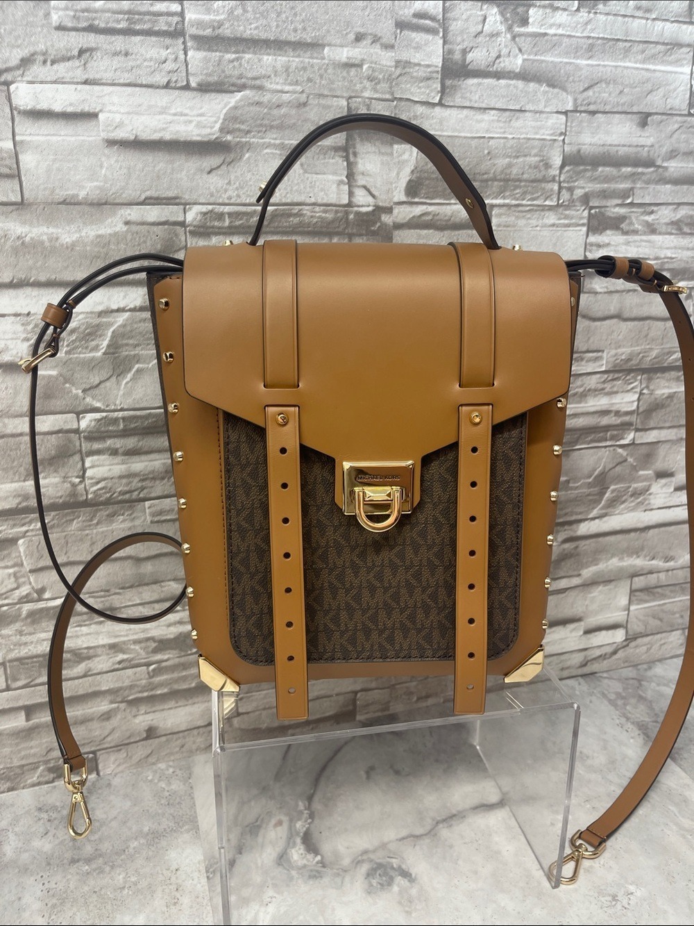 Michael Kors Manhattan Backpack Satchel & Matching Wallet Brown MK Logo - Picture 3 of 15